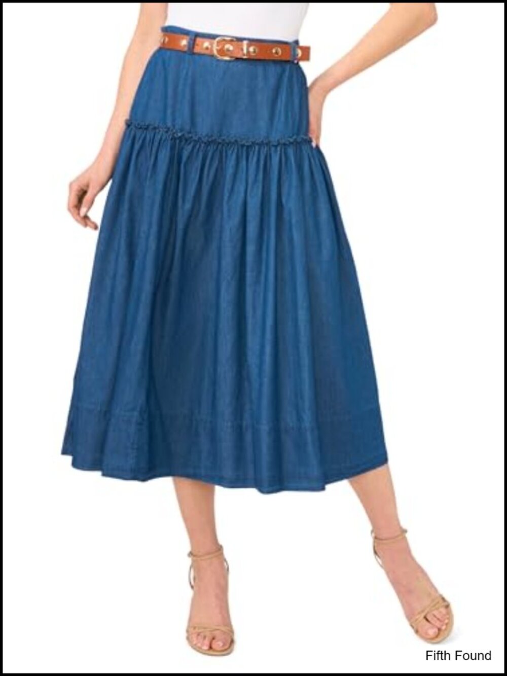 Belted Denim Midi Circle Skirt High Rise Full Skirt Work Casual